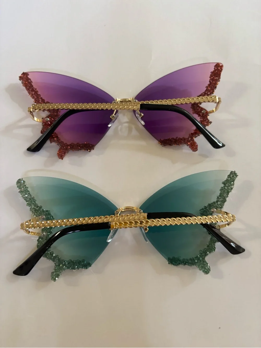 Rhinestone Butterfly Sunglasses in Purple and Teal — Glam Statement Shades